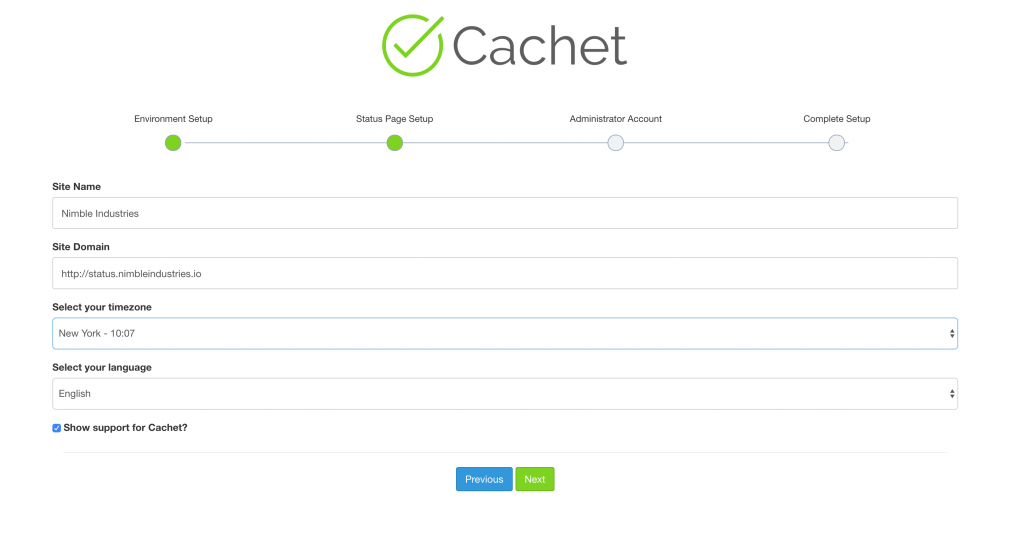 Cachet status page site configuration