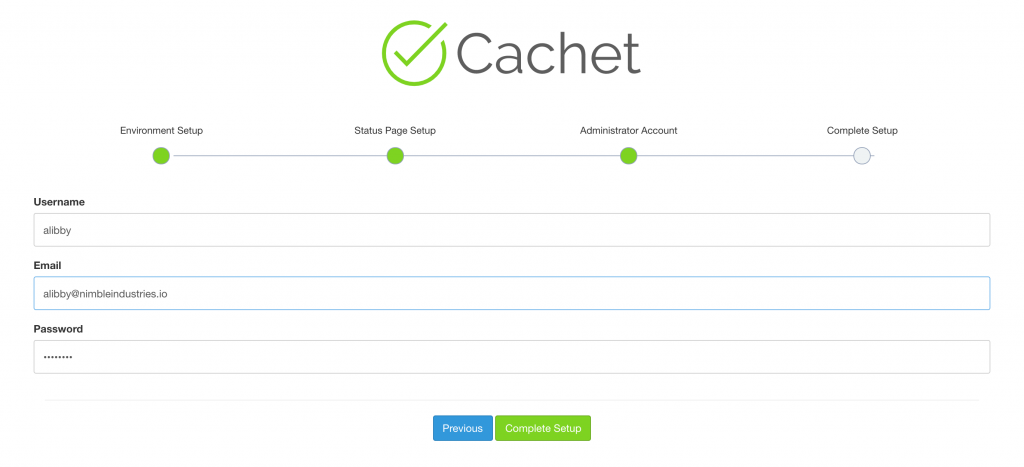 Cachet status page admin user setup