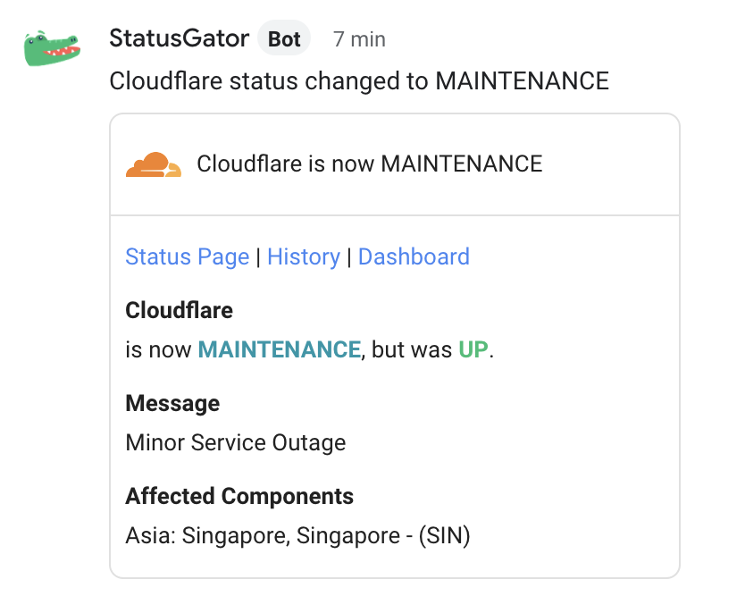 Google Chat integration showing status page maintenance notice from Cloudflare.