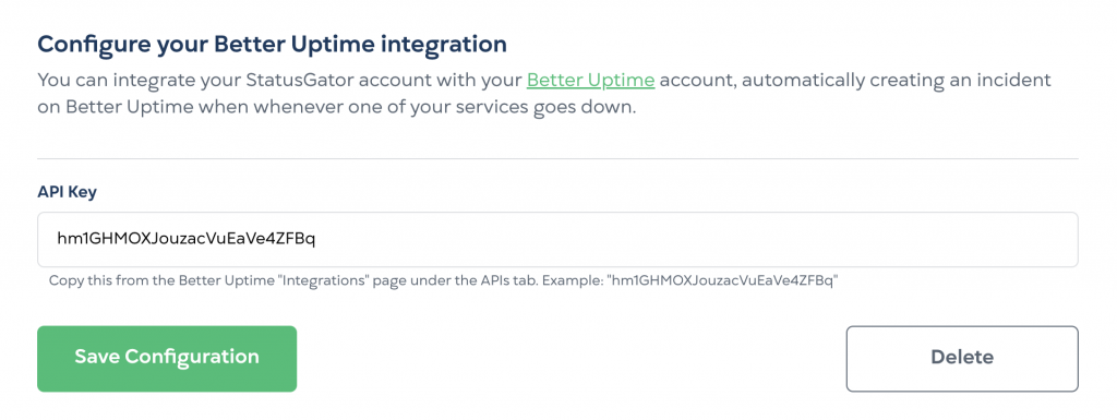 StatusGator integration config screen showing Better Uptime API Key entry form.