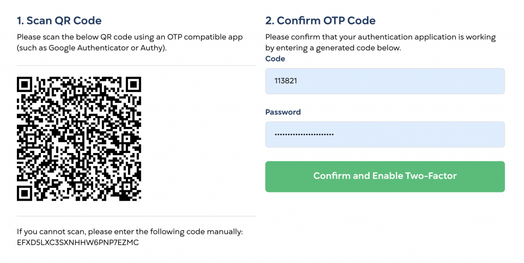 StatusGator screenshot showing the QR code for enabling two-factor authentication.