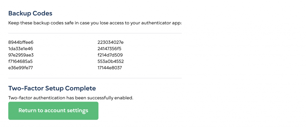 StatusGator screenshot showing backup codes for two-factor authentication, 2FA.