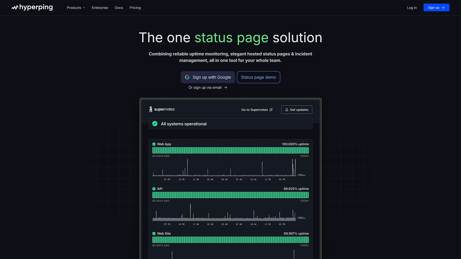 Hyperping's landing page for status page solution