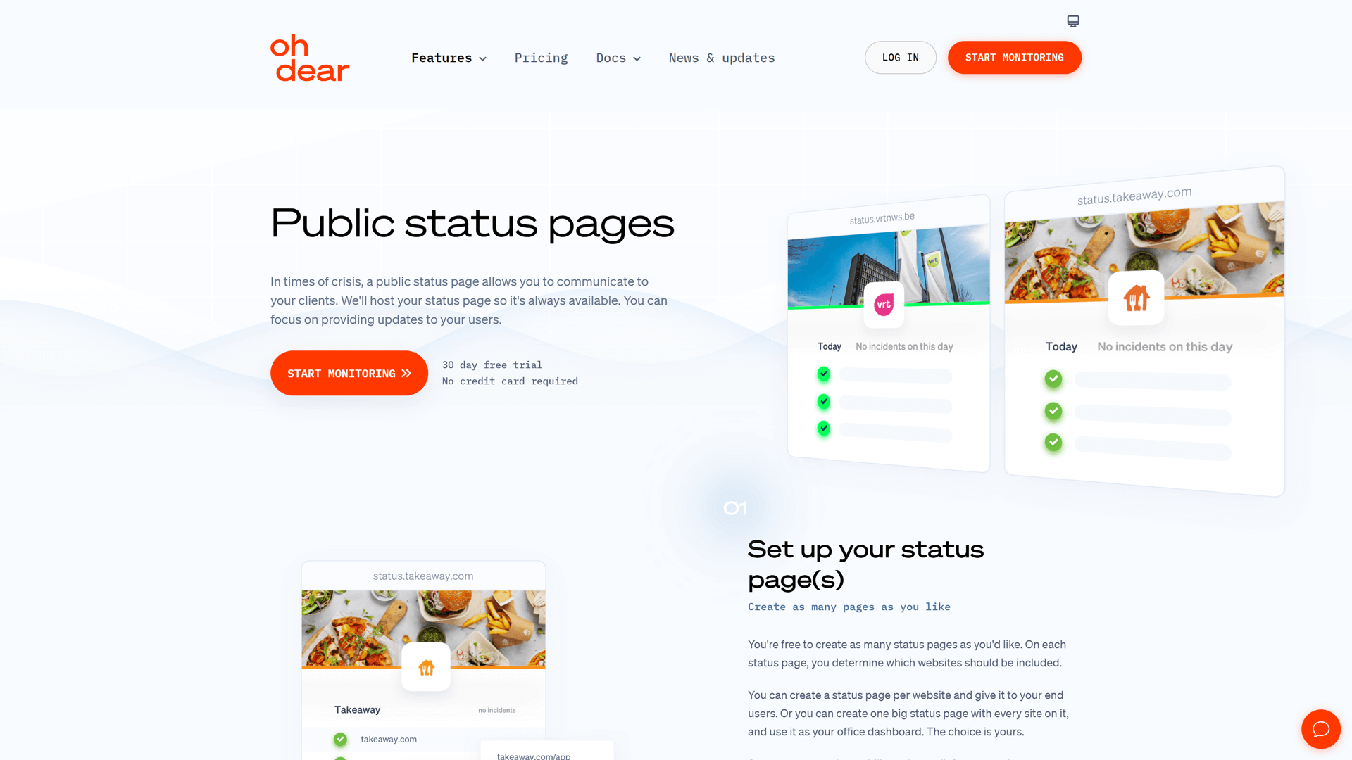 Oh Dear's landing page for status page software
