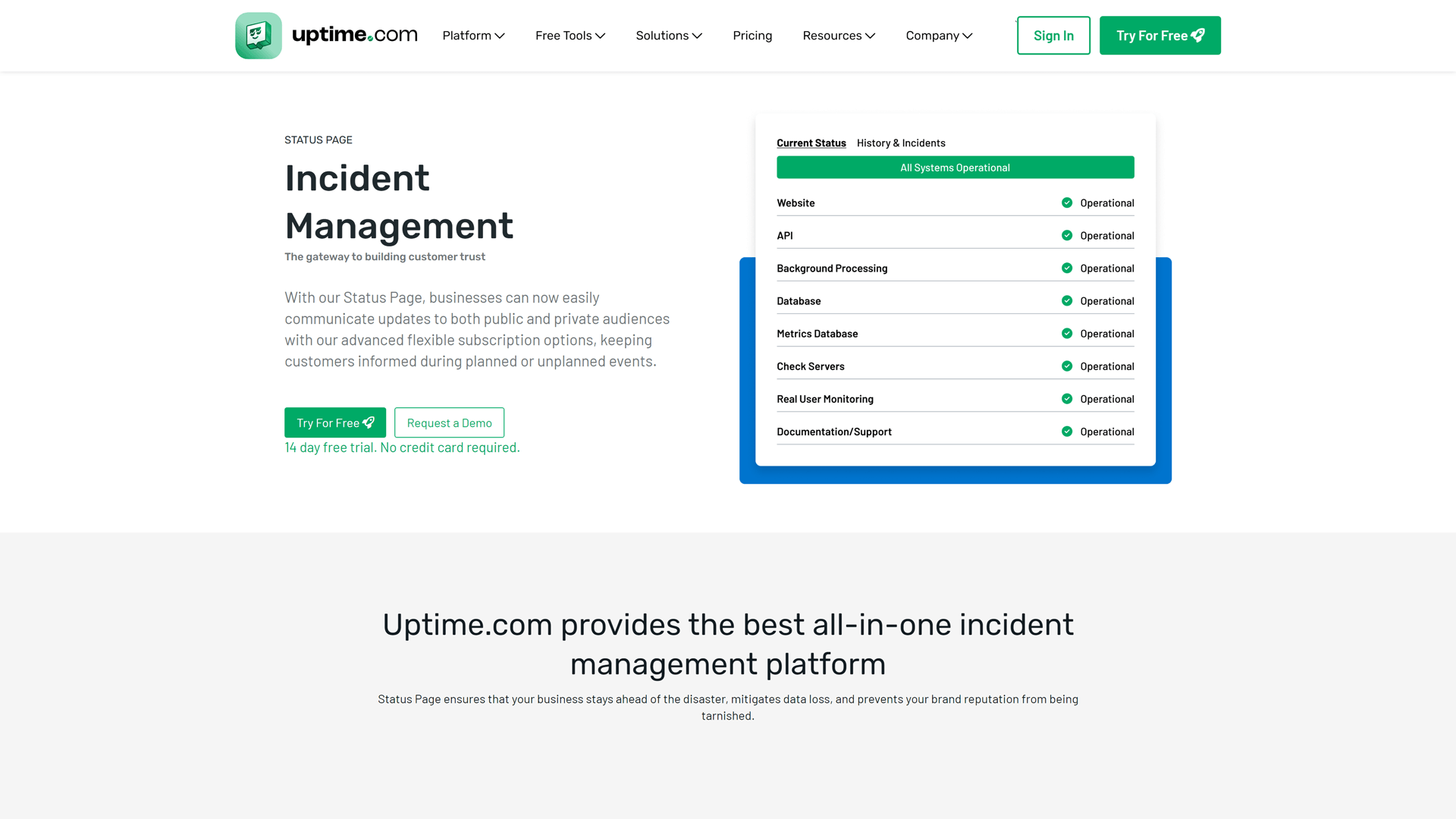 Screenshot of status page landing by Uptime.com
