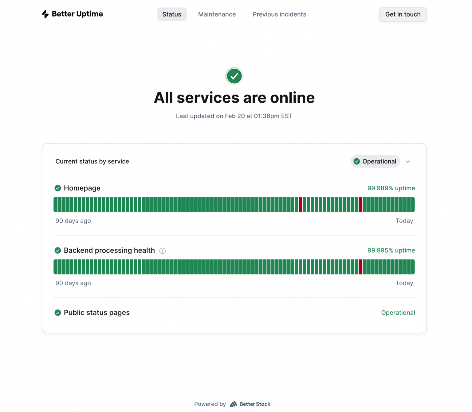 Better Uptime demo status page as alternative to Upptime