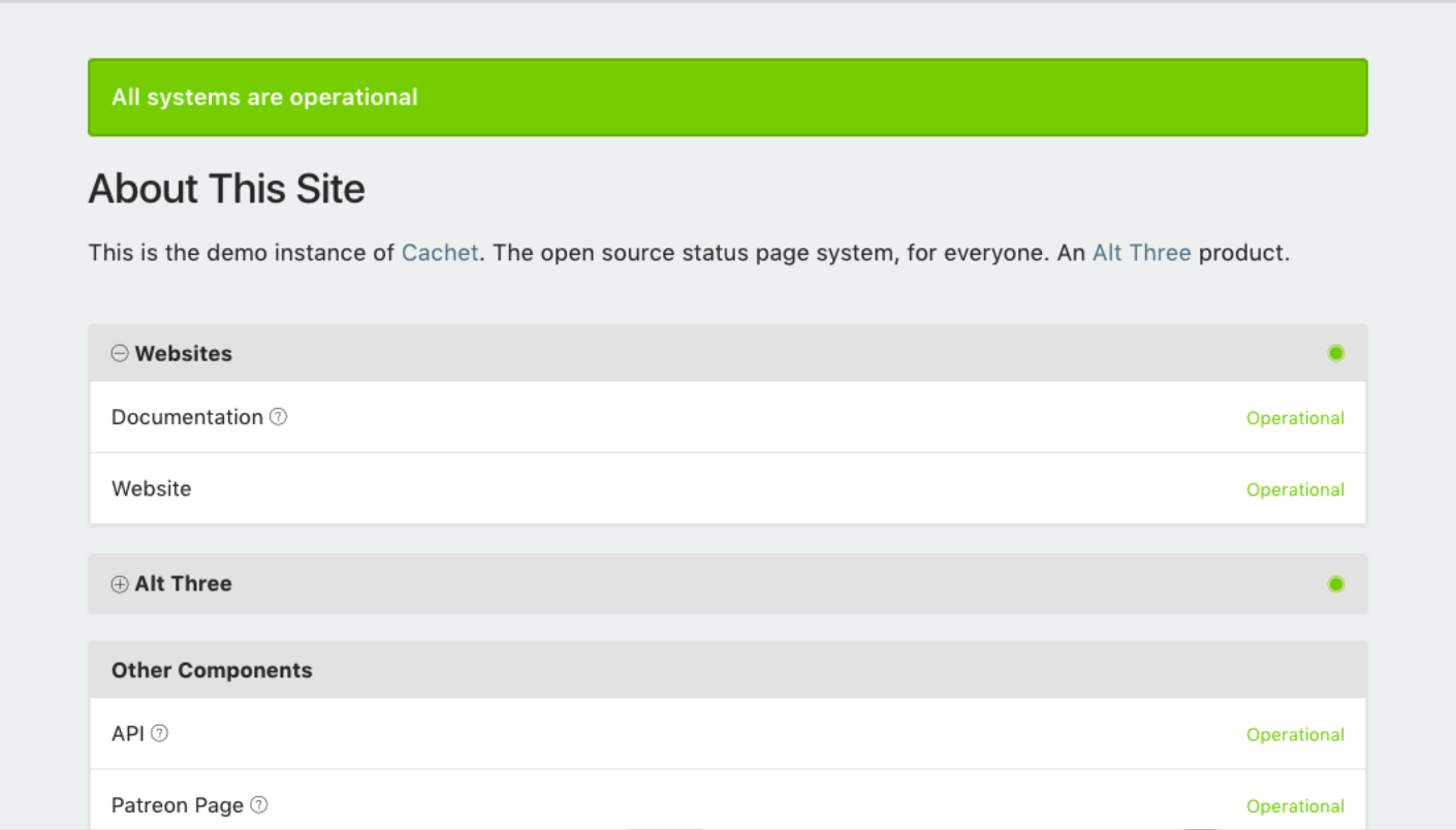 Cachet demo status page as alternative to Upptime