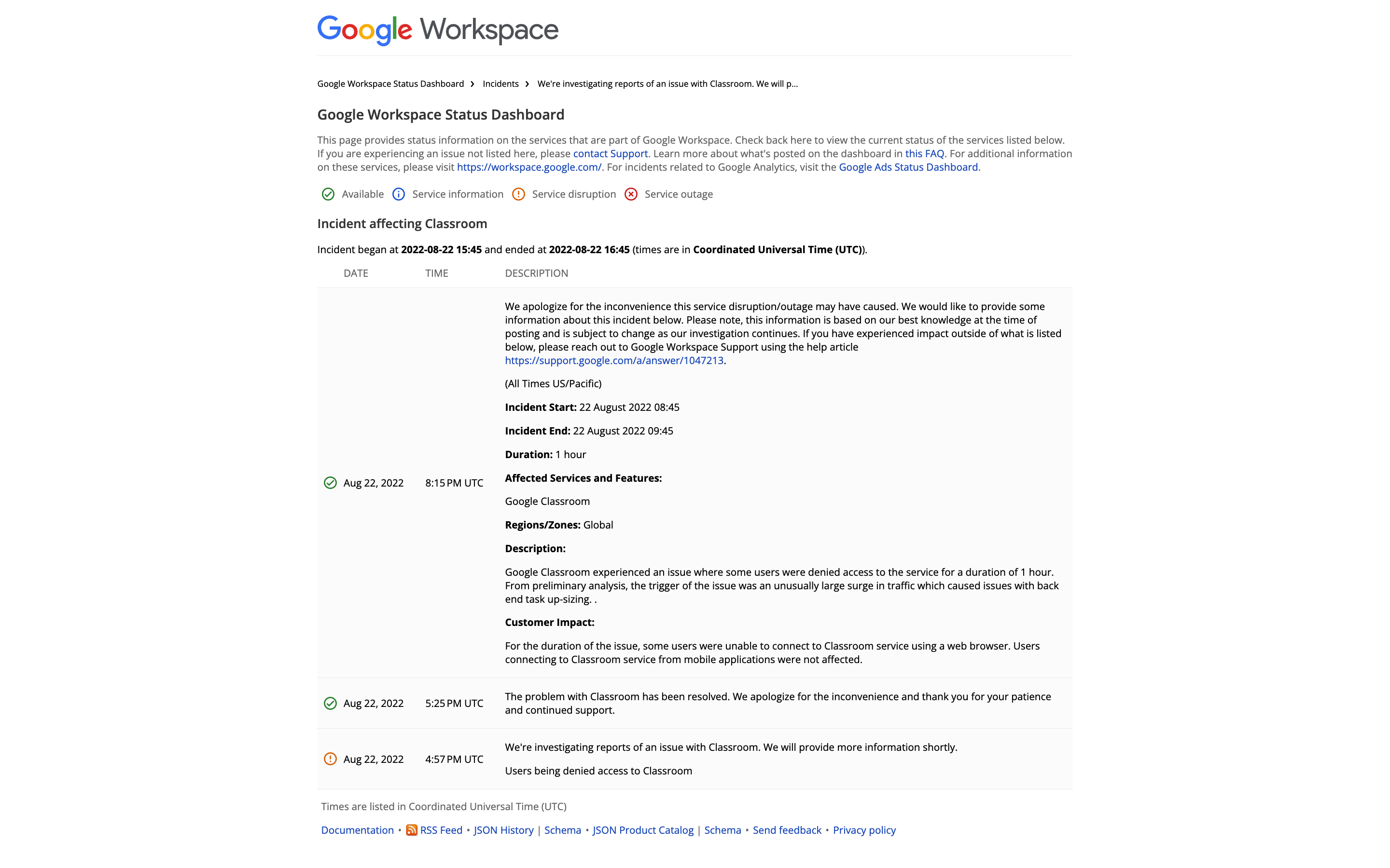 Google Classroom incident description