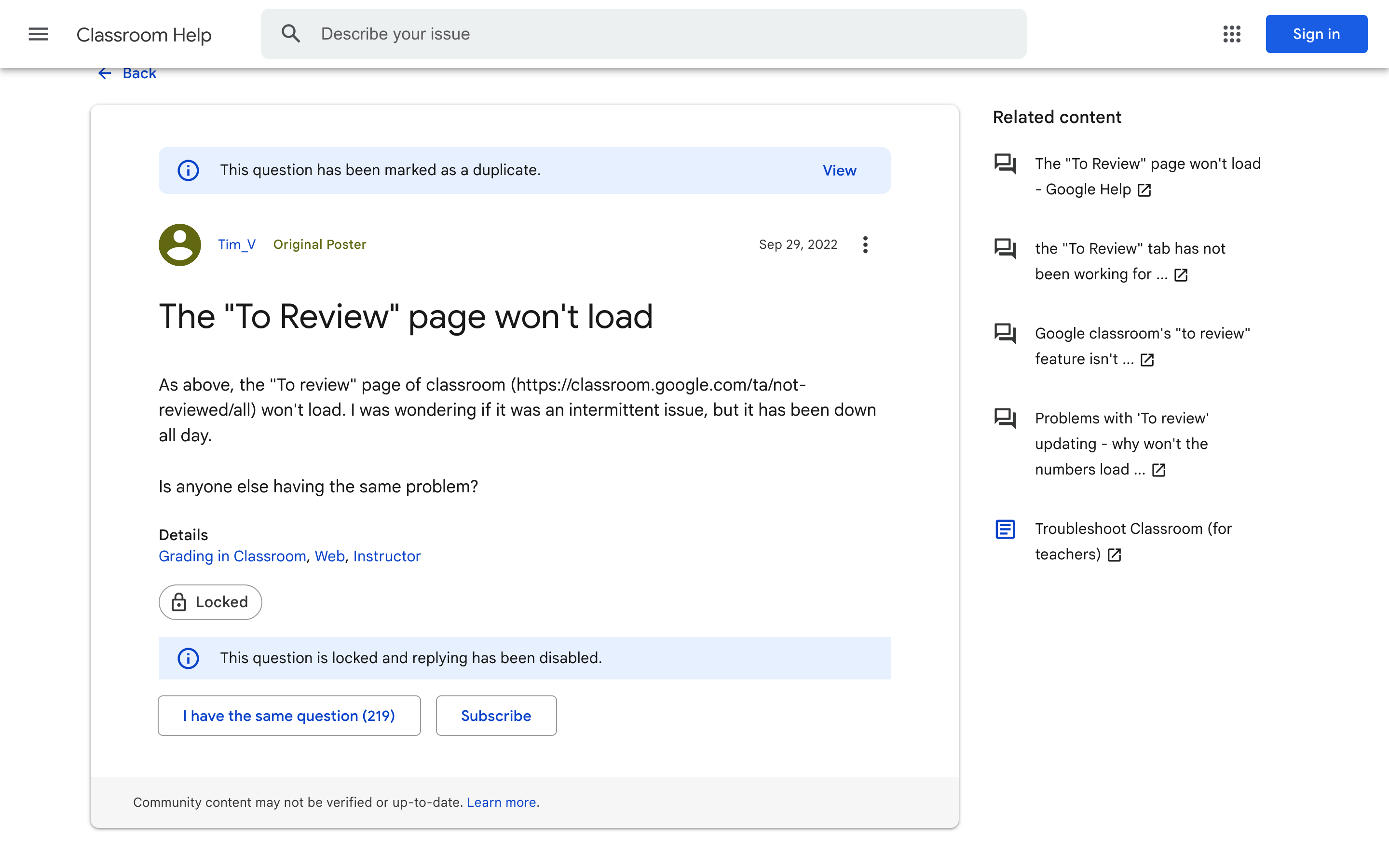 Google Classroom Help page with users reporting outage on September 29, 2022