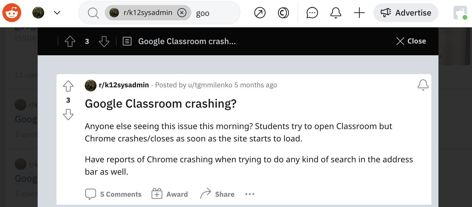 Reddit users report issues with Google Classroom