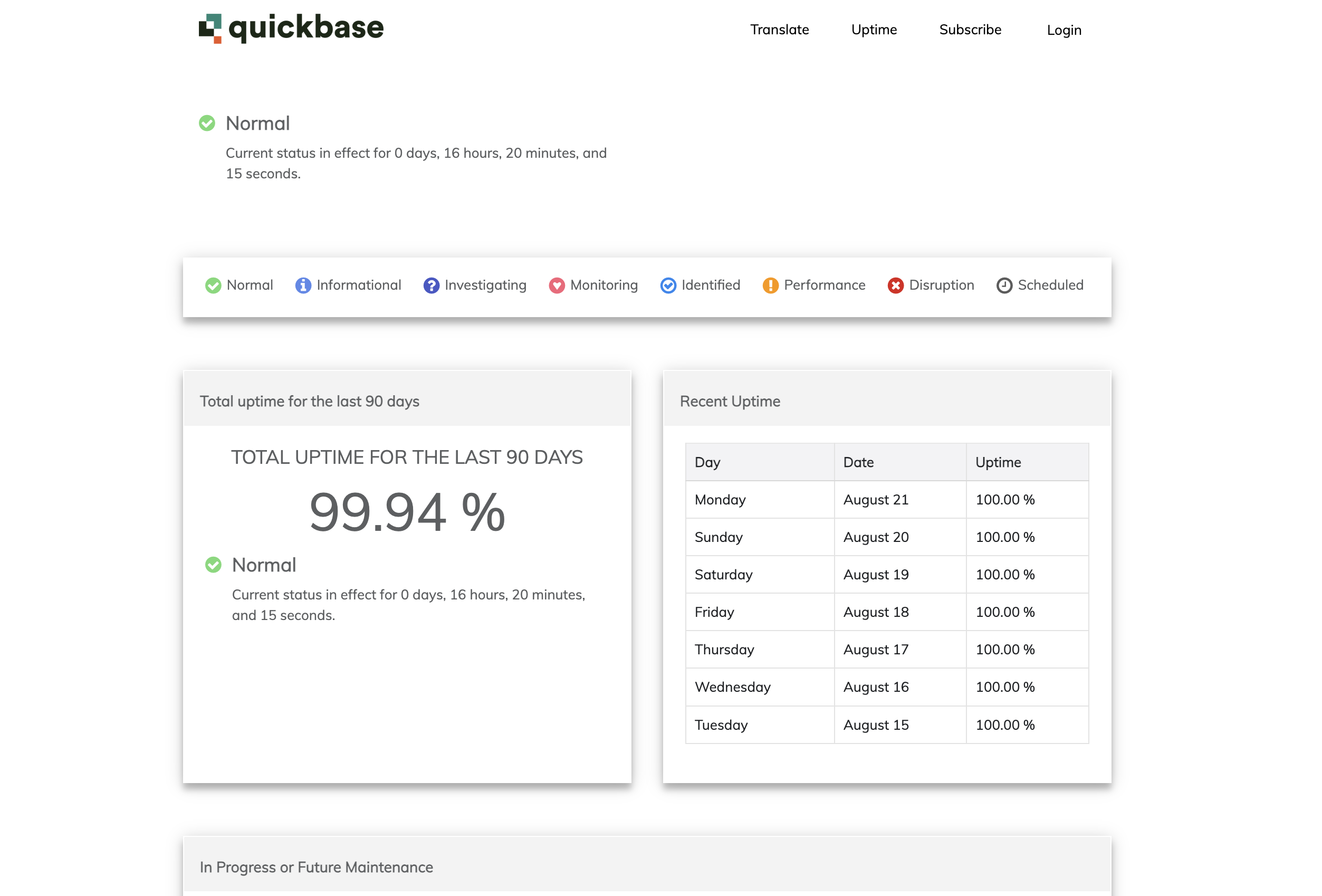 Quickbase status page example