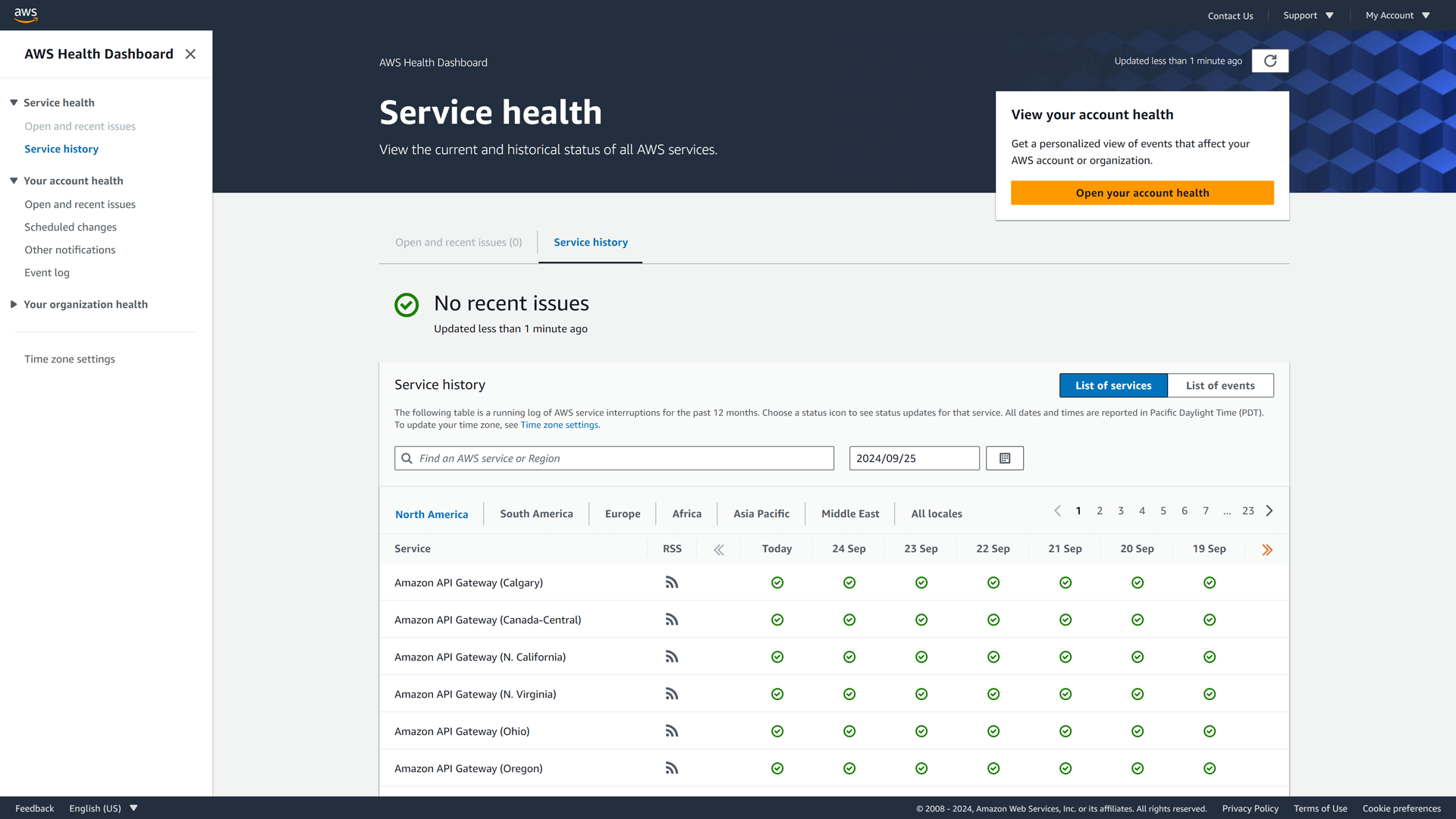 Status page of Amazon Web Services