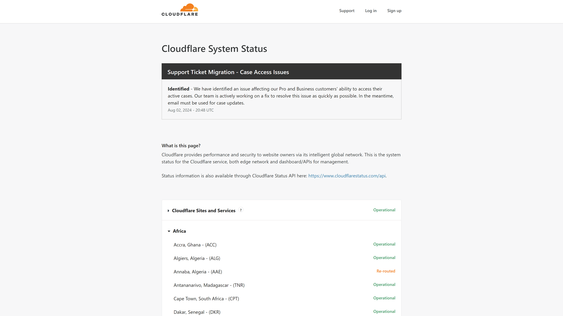 Cloudflare status page