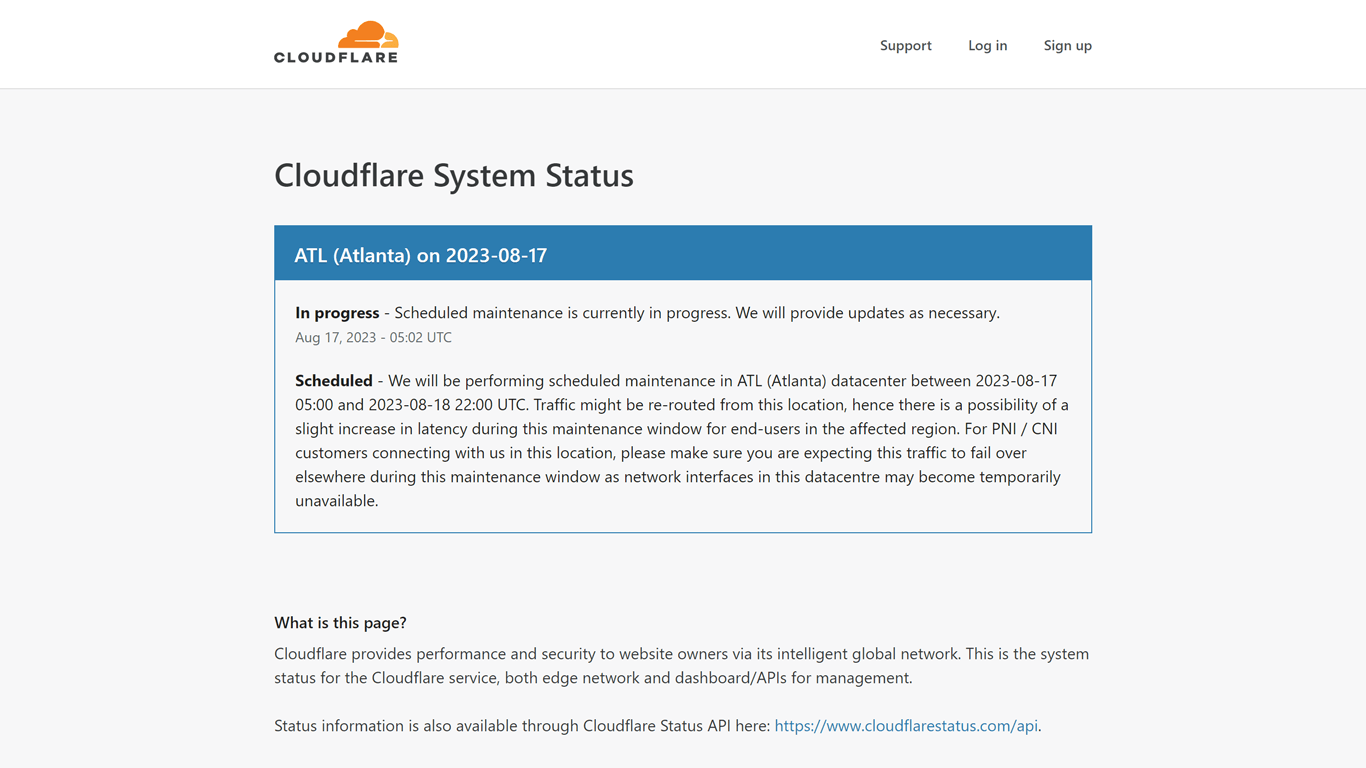 Cloudflare status page