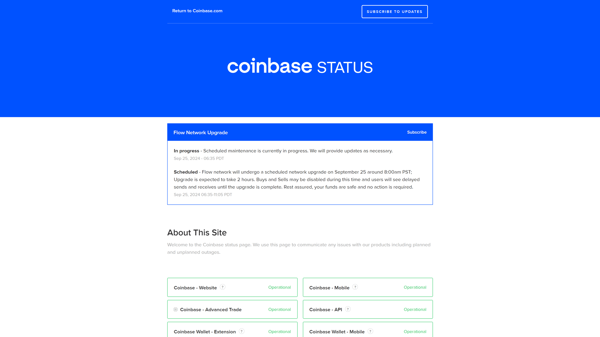 Status page of Coinbase