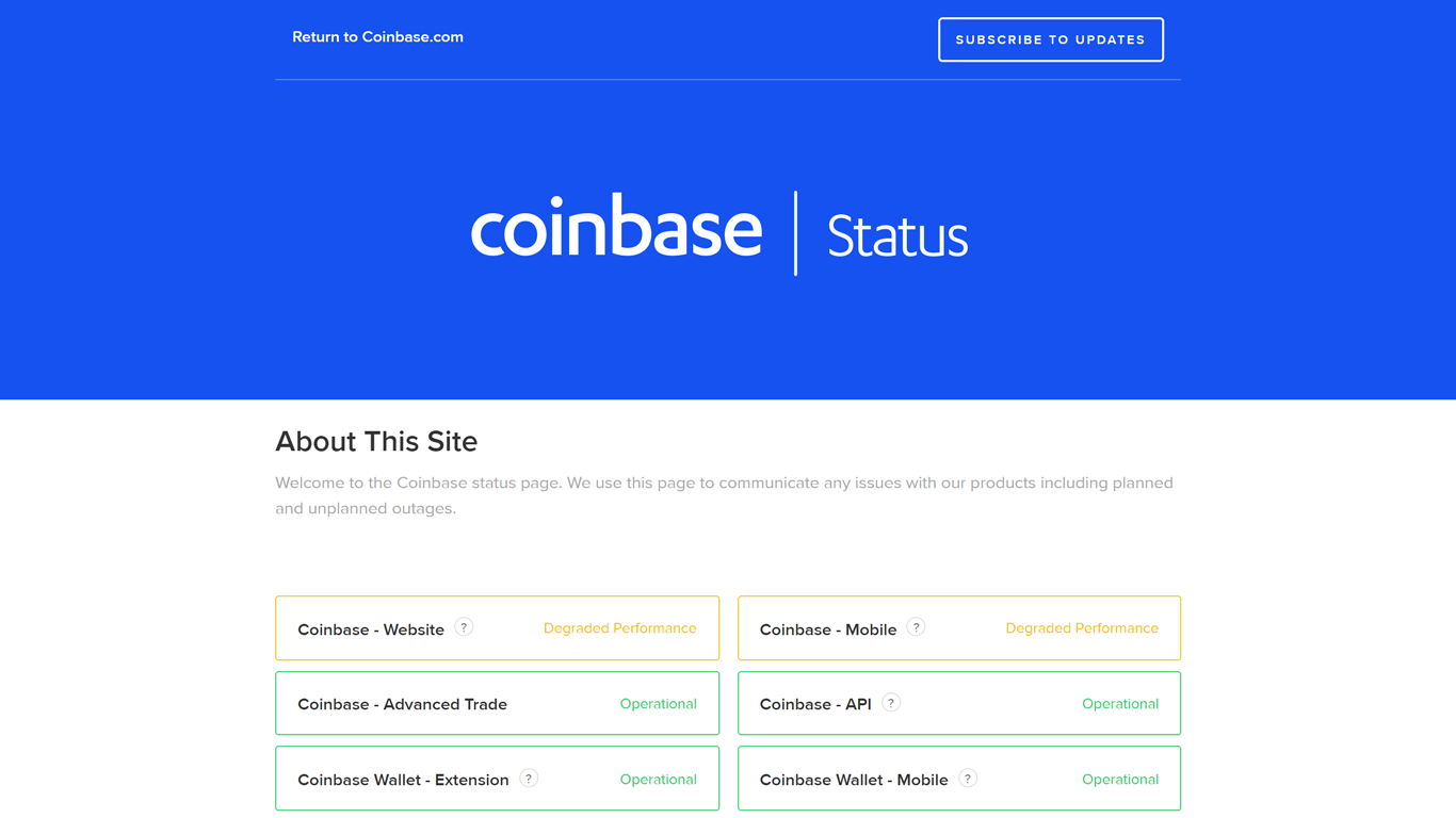 Status page of Coinbase