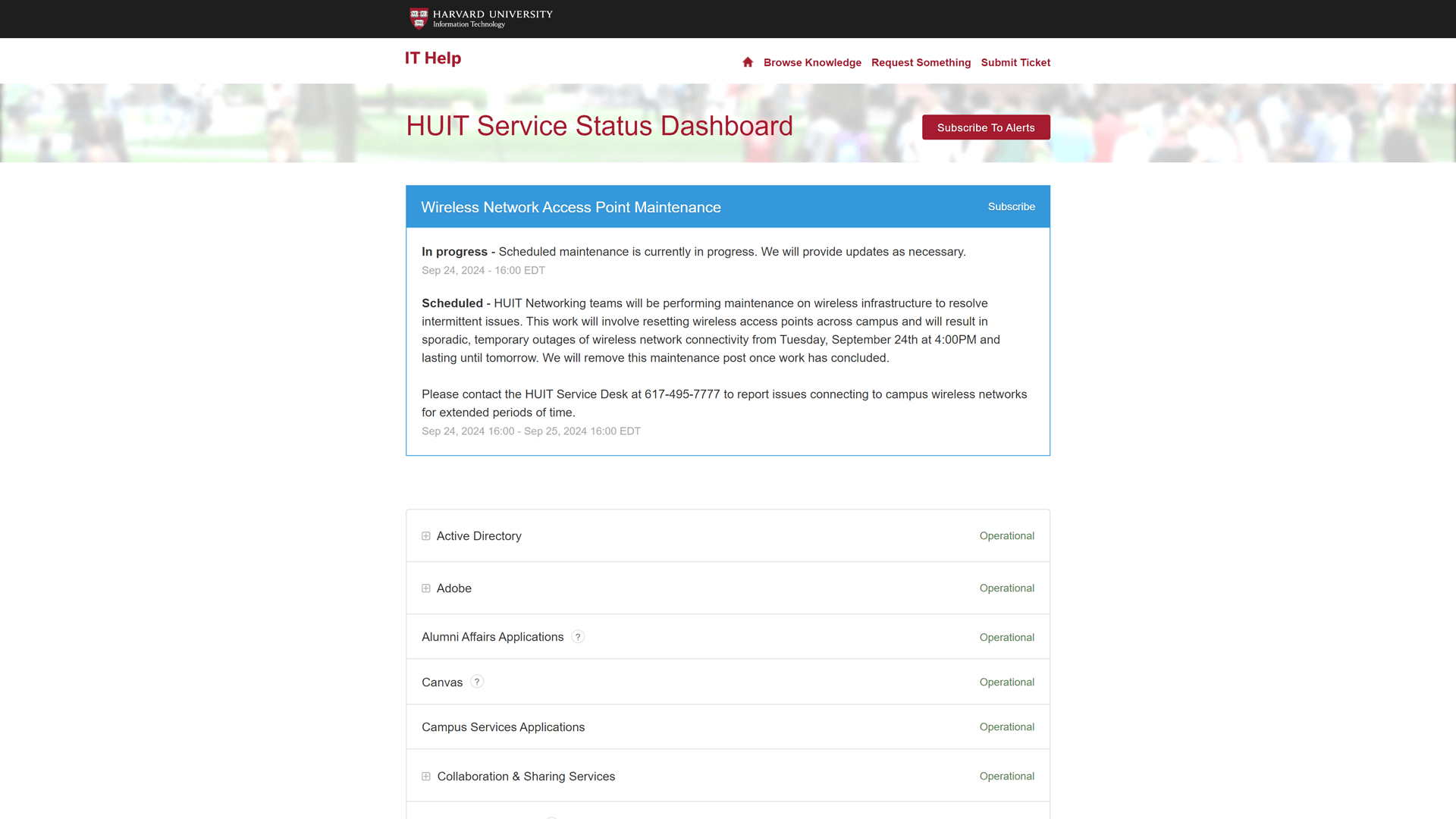 Harvard University status page