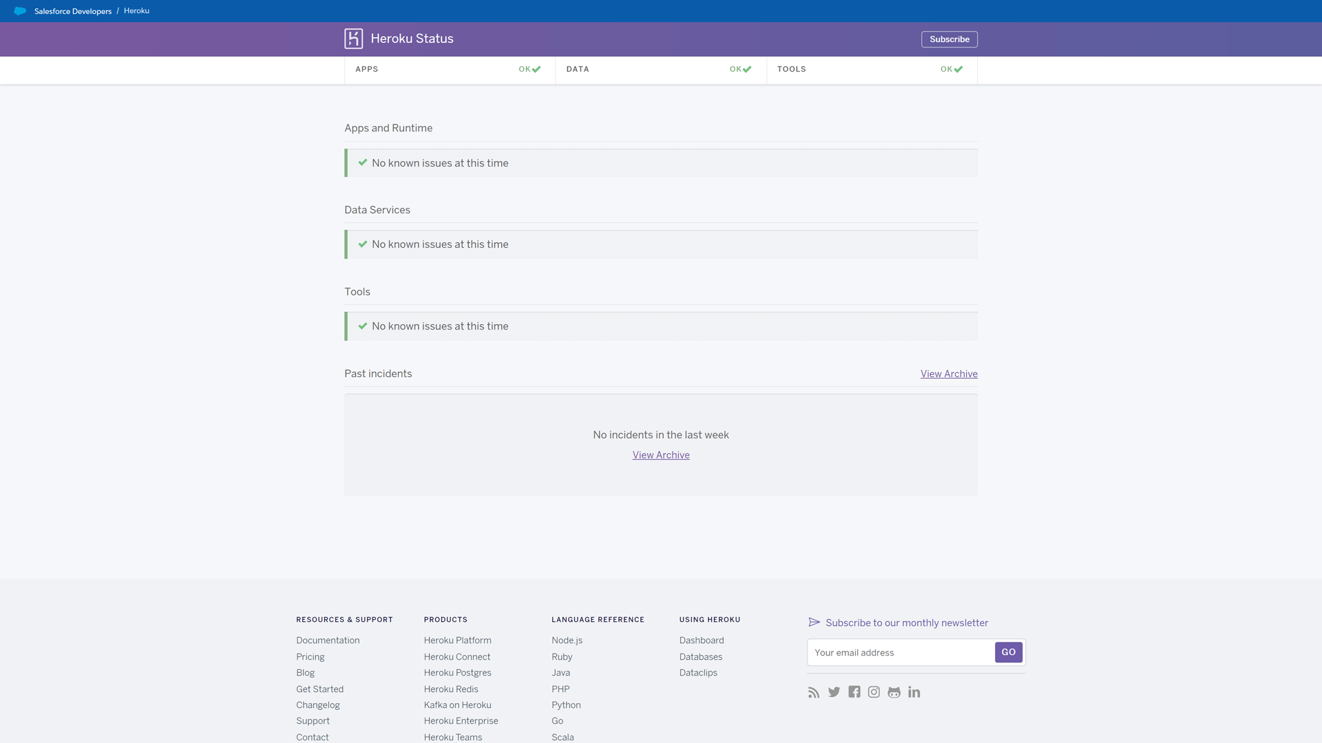 Status page of Heroku