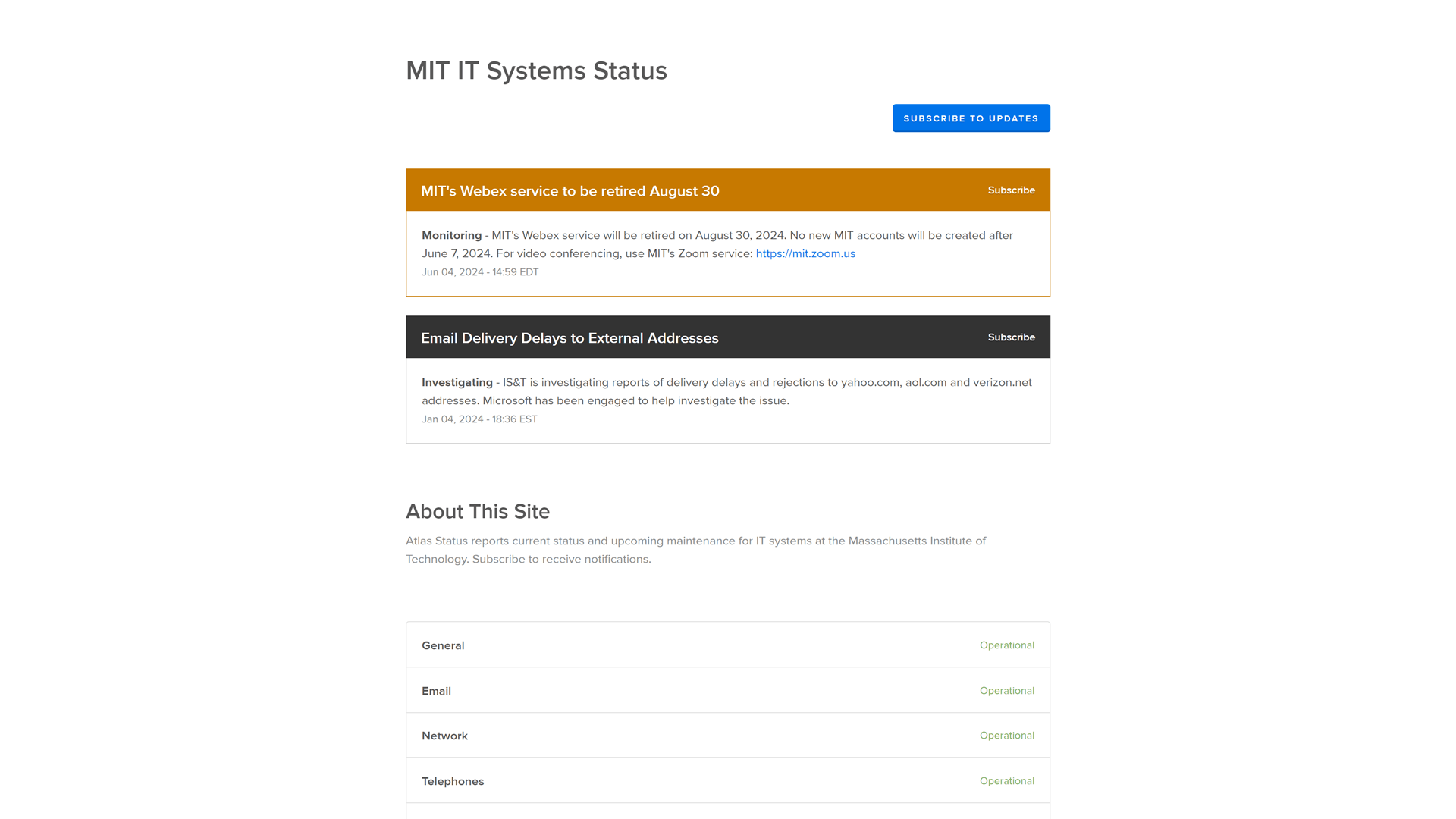 Status page of the Massachusetts Institute of Technology