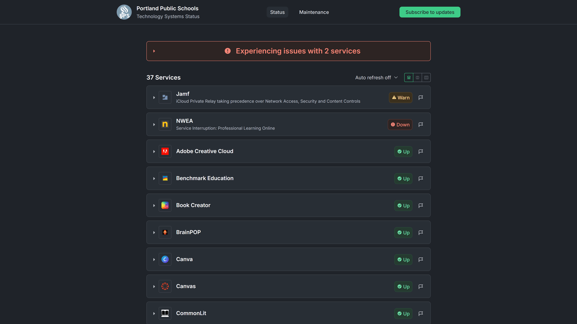 Portland Public Schools status page