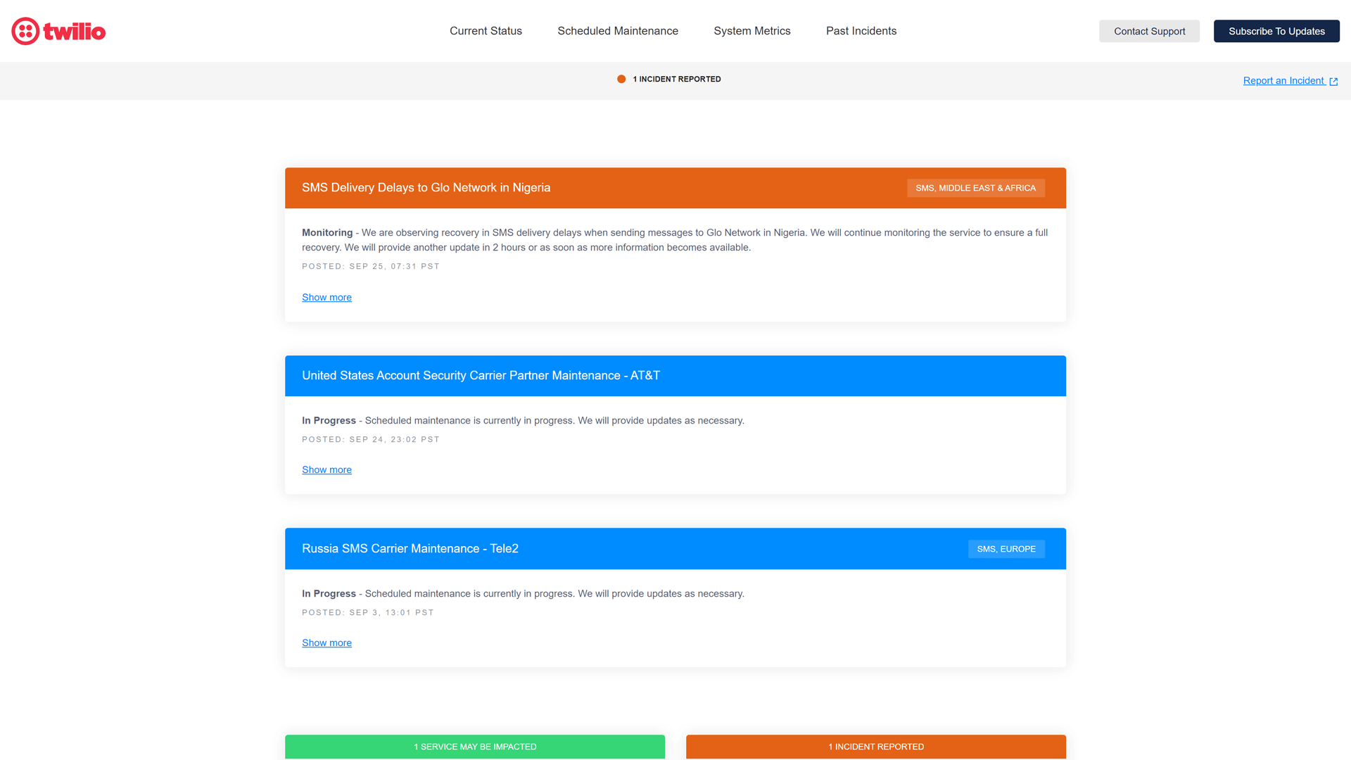 Status page of Twilio