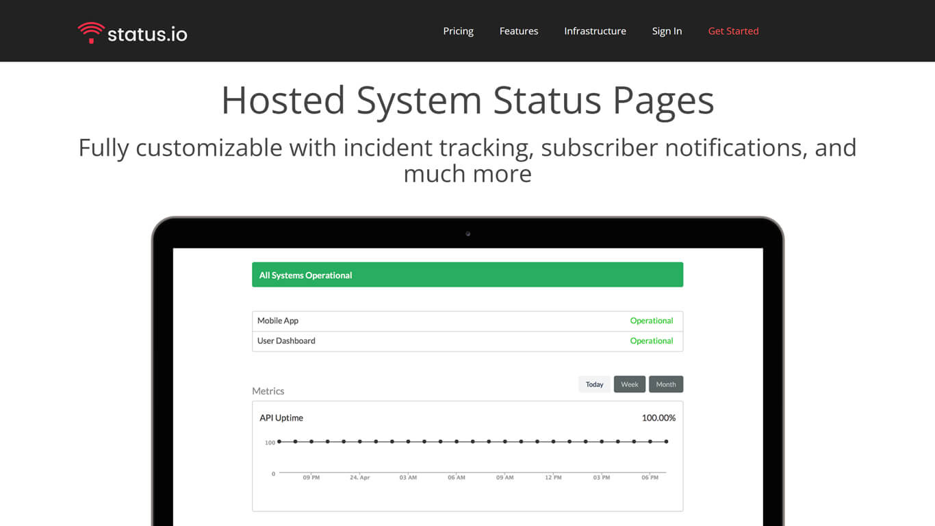 Status.io - home page of status page provider