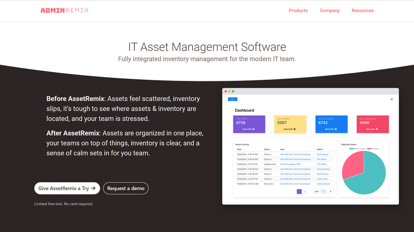 AdminRemix IT asset management software page