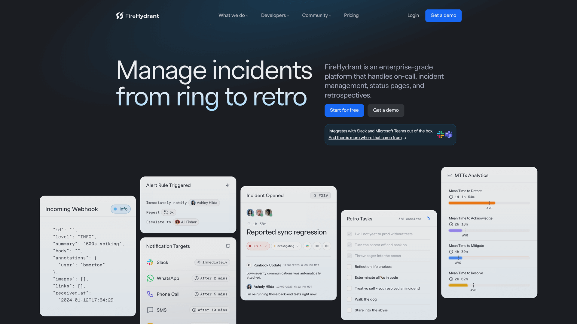 Home webpage of FireHydrant