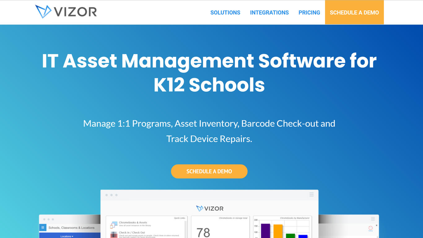 Vizor Cloud's page of the management software for K-12 schools