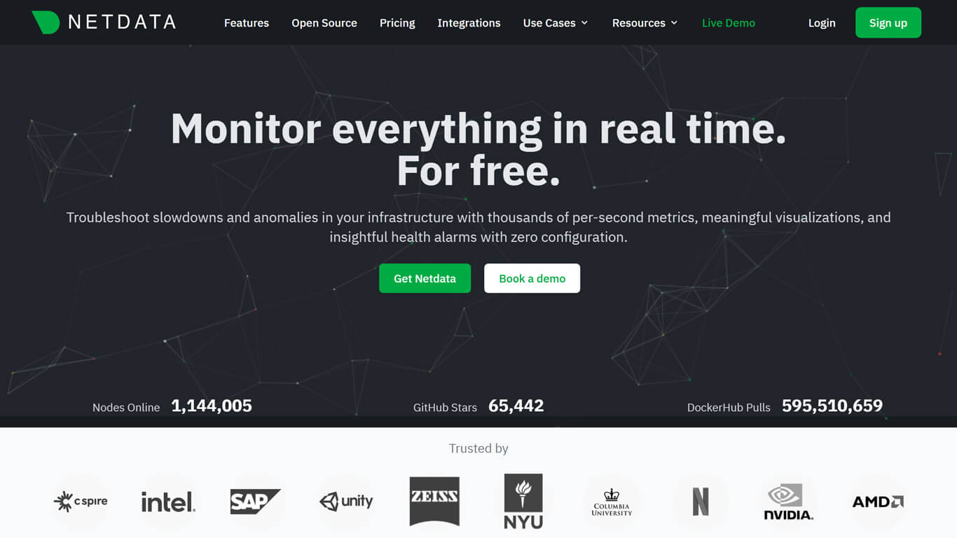Netdata Cloud home page for cloud monitoring tools