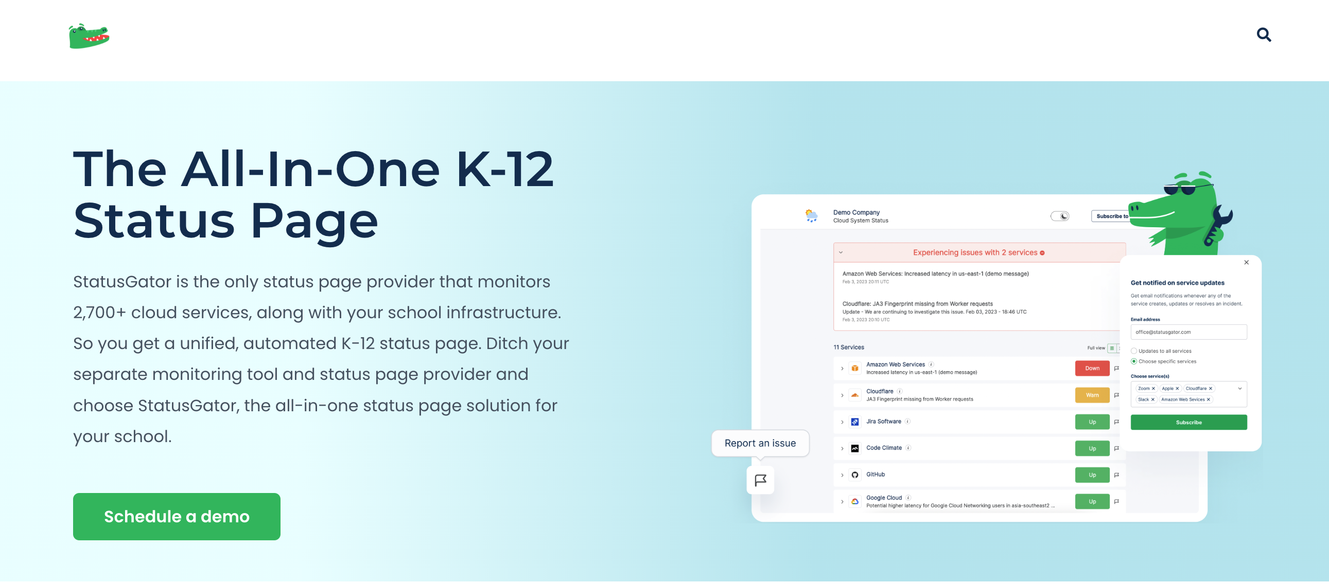 K-12 status page page by StatusGator tools for K12 sys admins