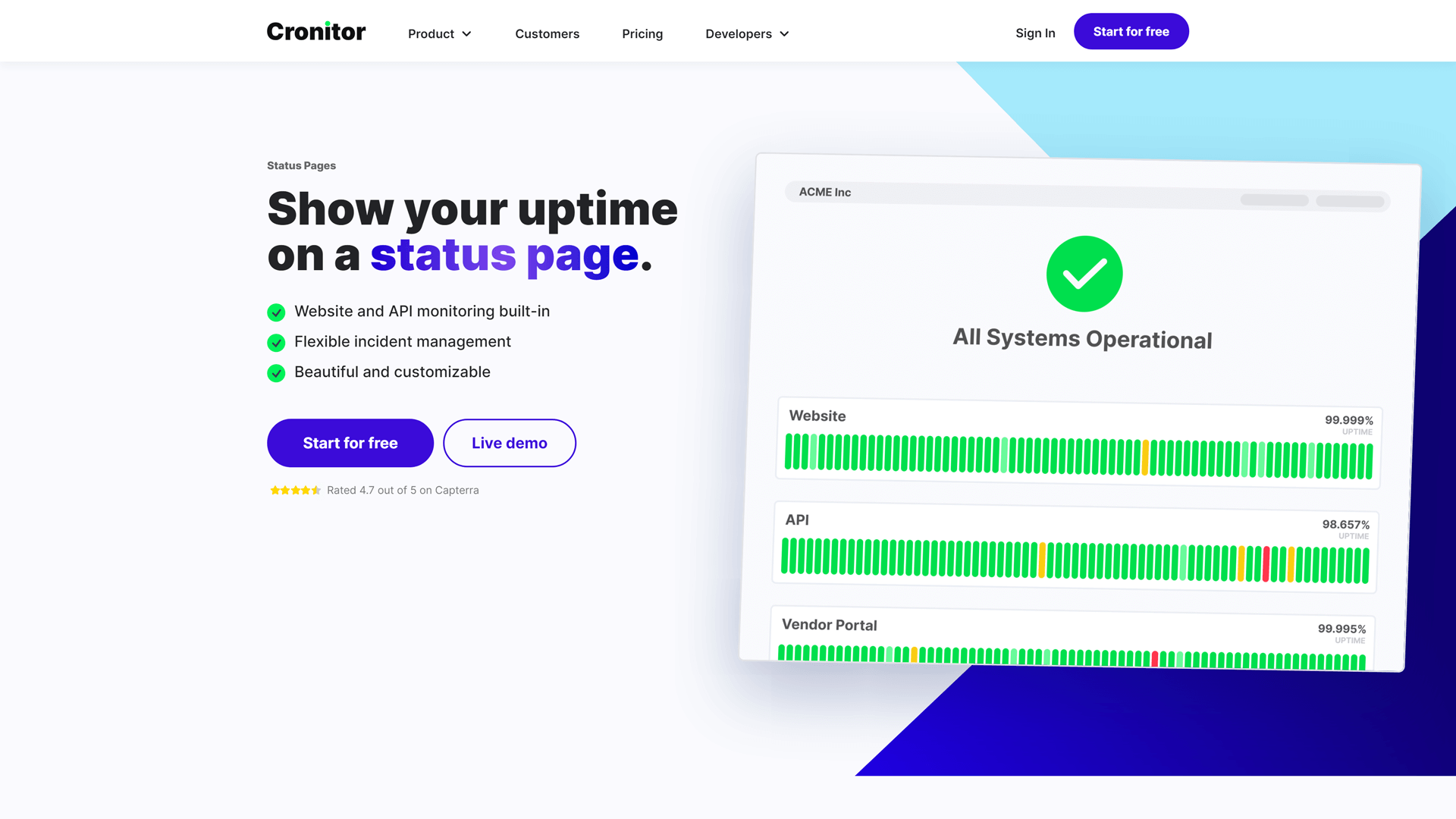 Landing for status page service by Cronitor