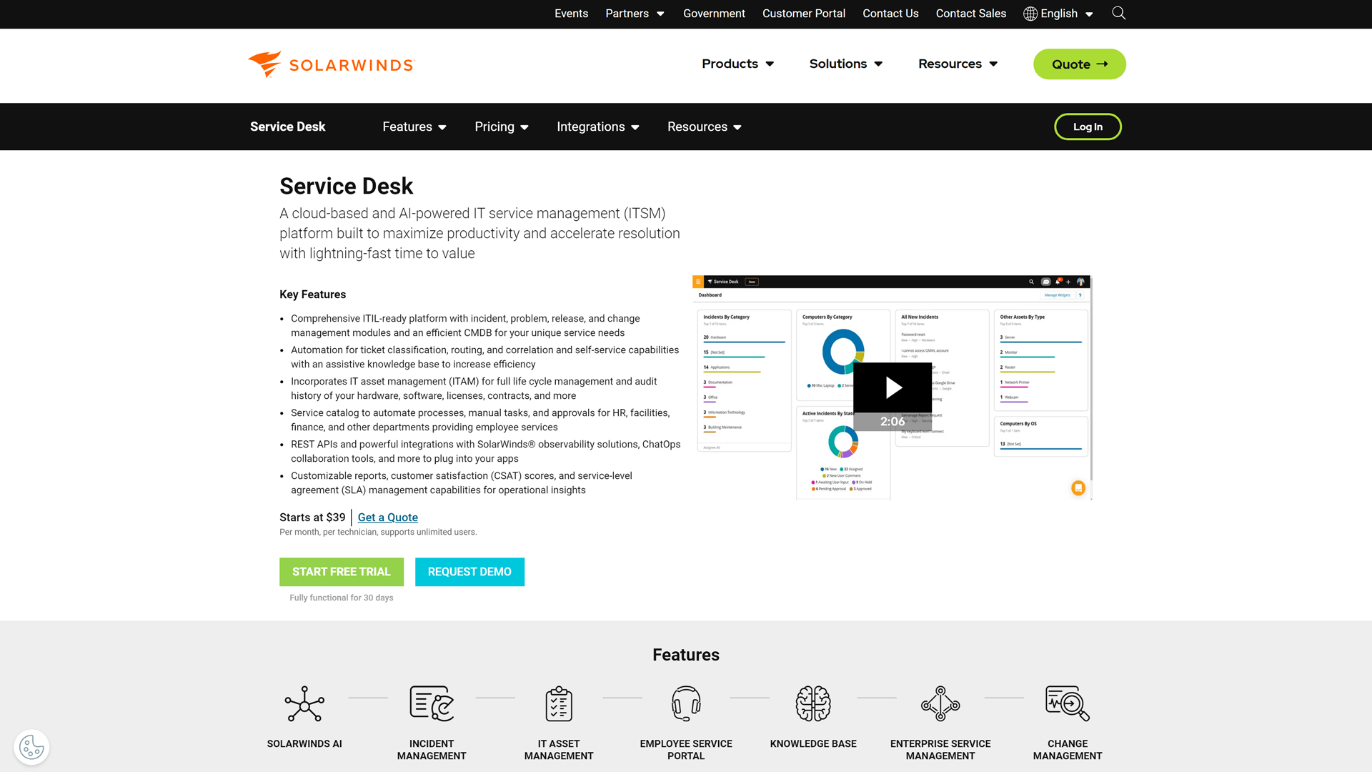 Service Desk by Solarwinds landing page