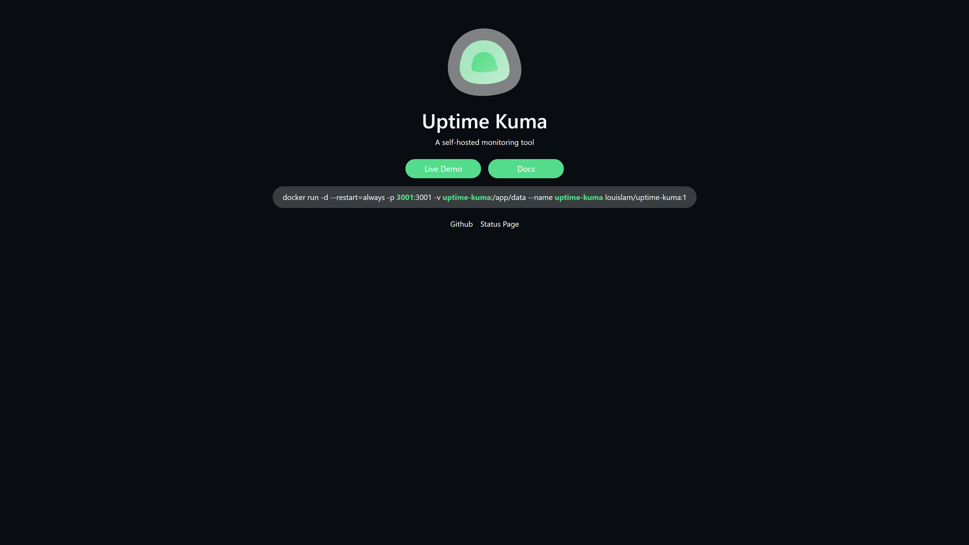 Screenshot of Uptime Kuma webpage 