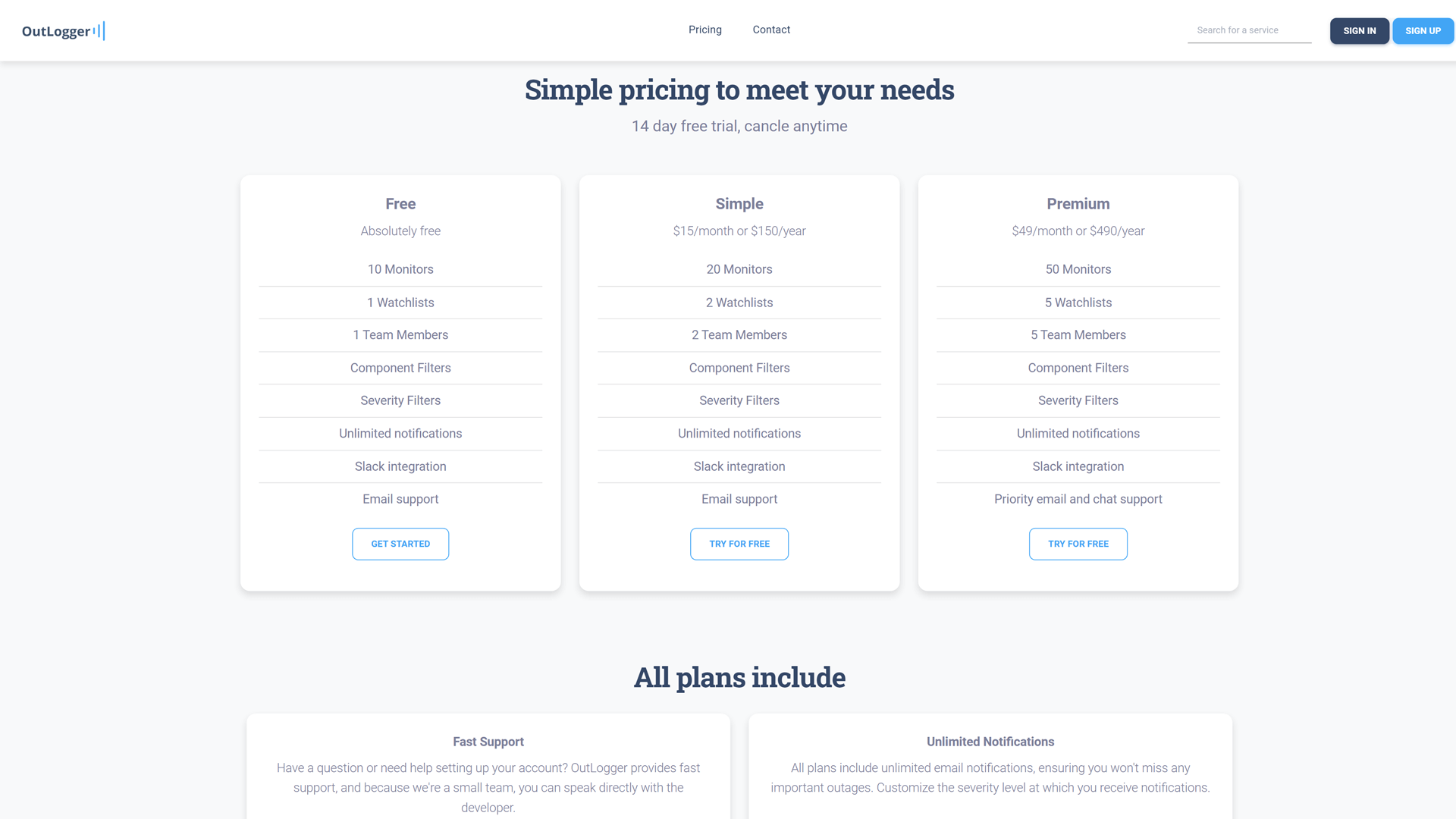 Pricing plans for OutLogger services