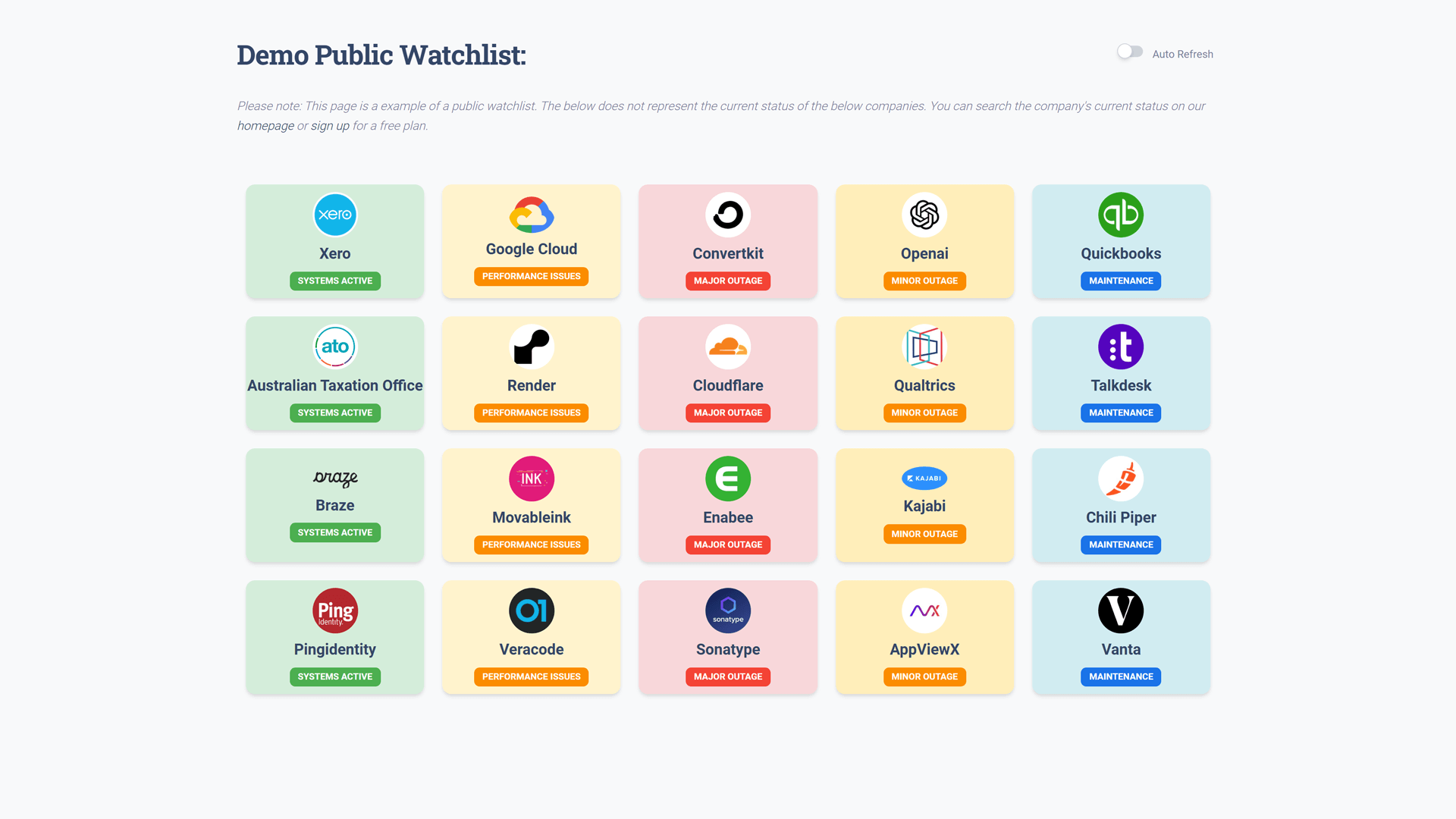 OutLogger demo status aggregation page