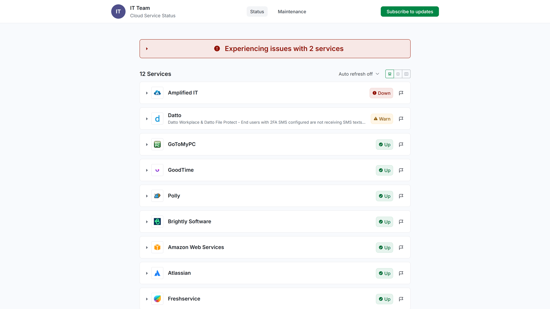StatusGator's demo status aggregation page
