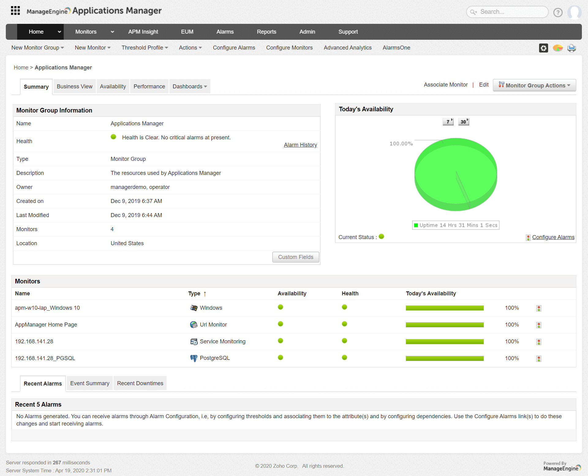 Screenshot of the Application Manager dashboard by ManageEngine