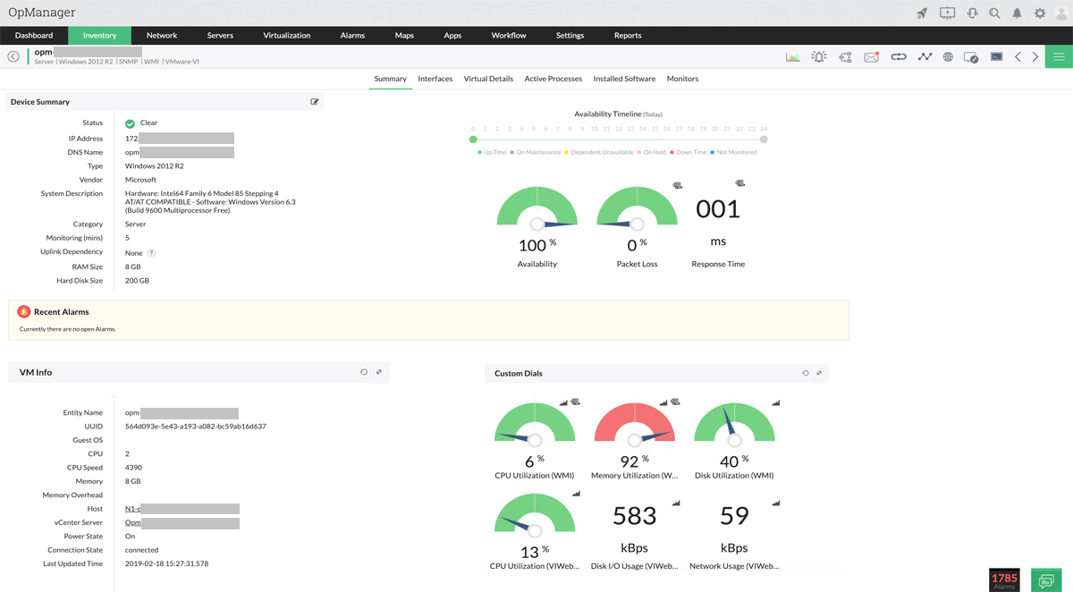 Dashboard screenshot of the OpManager by ManageEngine