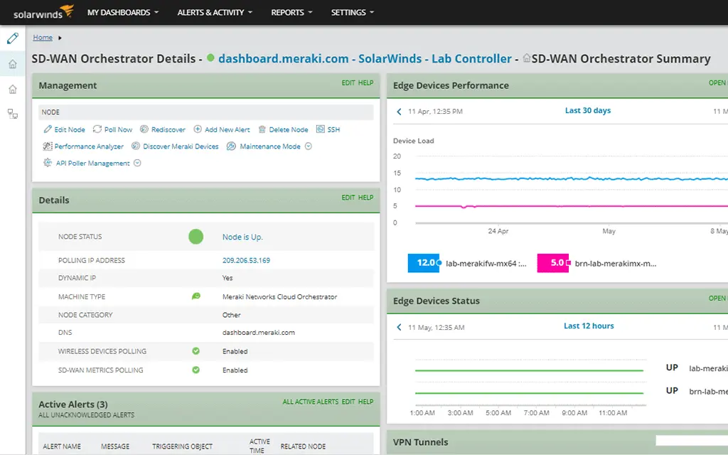 Cisco Meraki status monitoring by SolarWinds