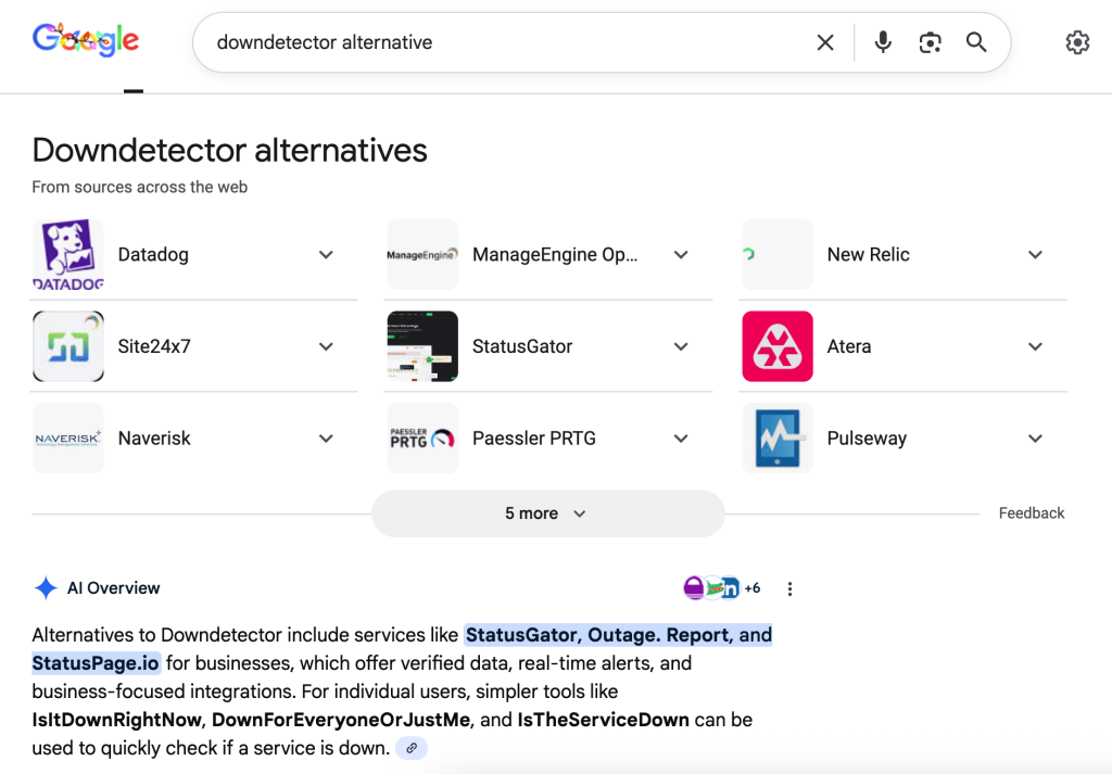 Google's results page with Downdetector alternatives