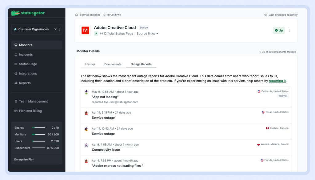 Get deeper insights with historical outage reports